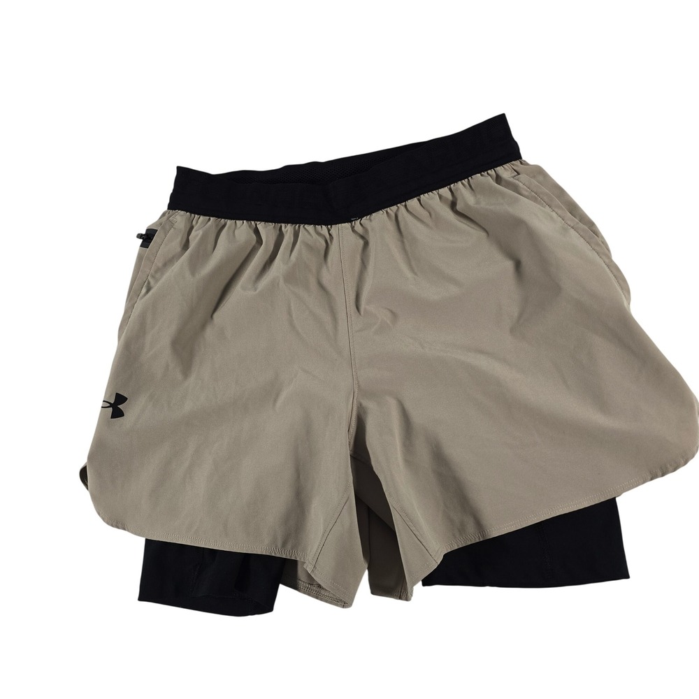 Under Armour Mens Tan 2-in-1 Training Shorts Black Compression Liner Large